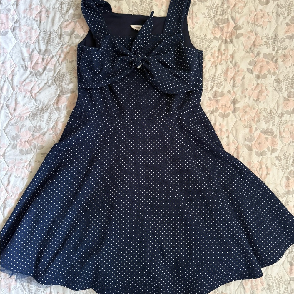 Navy Blue Polka Dot Dress with Bow